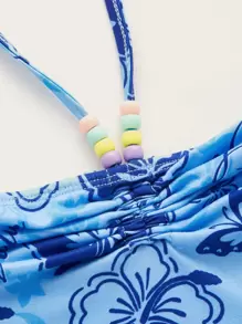 SHEIN ICON 90年代花卉和字母圖案串珠細節後綁帶掛脖上衣 - 藍色 - 查看 4