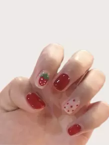 Upgrade Your Look with 24pcs Long Square Red Strawberry Polka Dots Fake Nail & 1pc Nail File & 1sheet Tape - Red - View 1