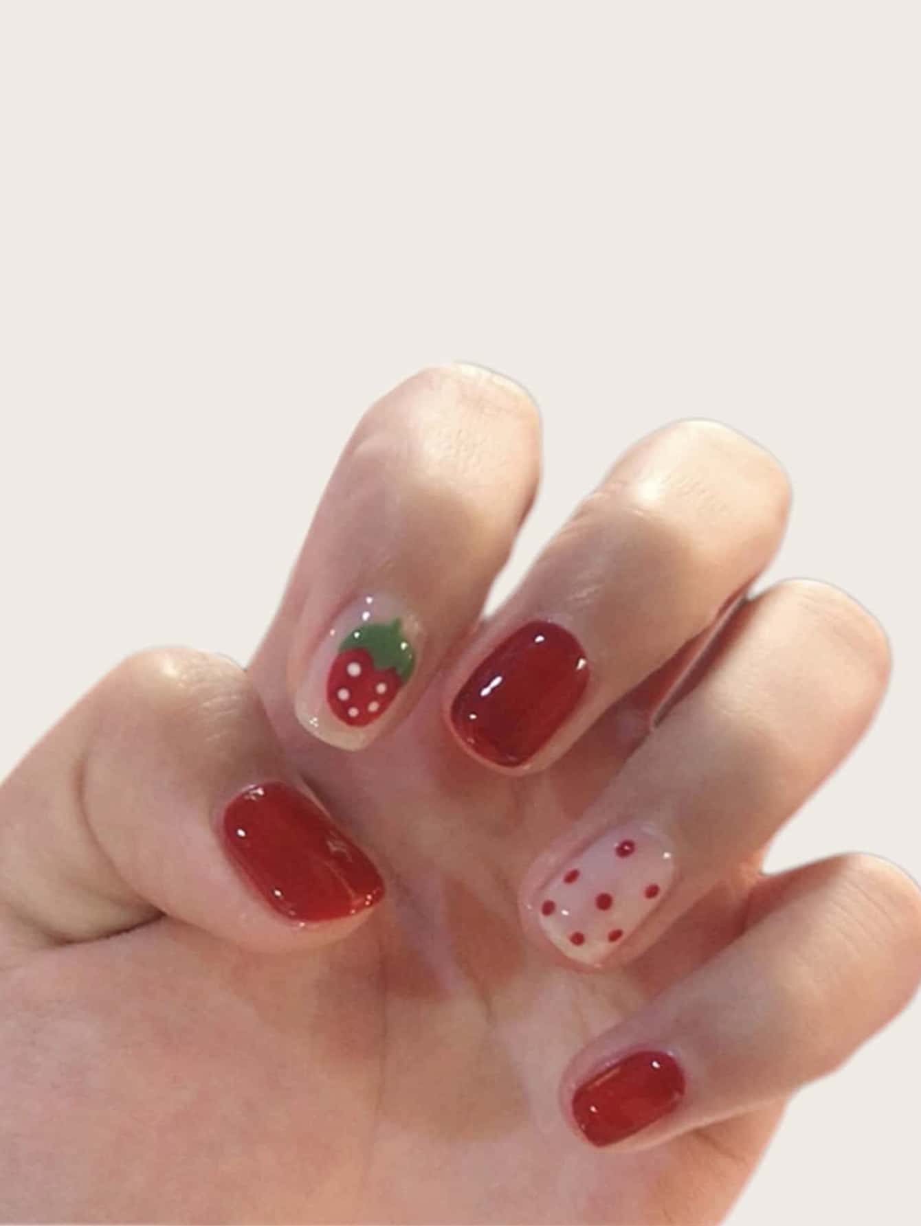 Upgrade Your Look with 24pcs Long Square Red Strawberry Polka Dots Fake Nail & 1pc Nail File & 1sheet Tape - Red - View 1