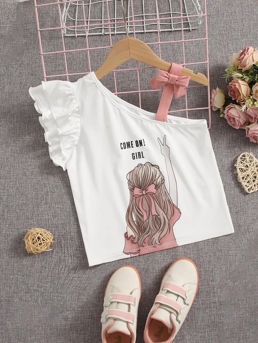 SHEIN Tops con gái Bất đối xứng Nơ Bướm Xù Con số Slogan Dễ thương - trắng - Xem 1
