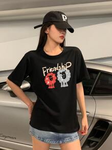 Letter & Cartoon Pattern Drop Shoulder Tee - Black - View 1