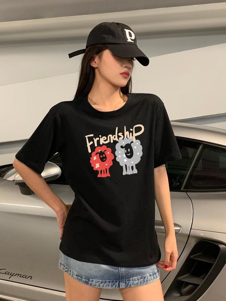 Letter & Cartoon Pattern Drop Shoulder Tee - Black - View 1