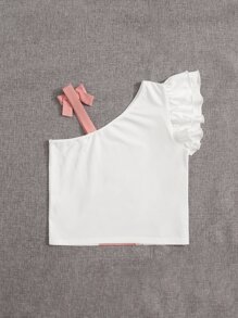 SHEIN Tops con gái Bất đối xứng Nơ Bướm Xù Con số Slogan Dễ thương - trắng - Xem 2