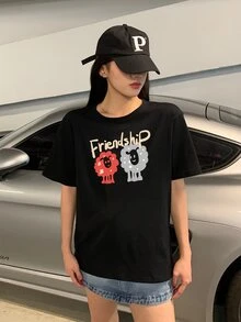 Letter & Cartoon Pattern Drop Shoulder Tee - Black - View 4