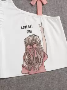 SHEIN Tops con gái Bất đối xứng Nơ Bướm Xù Con số Slogan Dễ thương - trắng - Xem 3