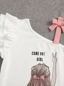 SHEIN Tops con gái Bất đối xứng Nơ Bướm Xù Con số Slogan Dễ thương - trắng - Xem 4