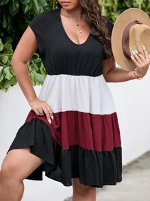 Plus Colourblock Raglan Sleeve Ruffle Hem Dress - Multicolor - View 1