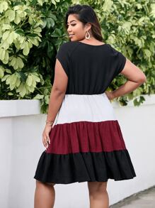 Plus Colourblock Raglan Sleeve Ruffle Hem Dress - Multicolor - View 2