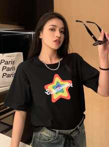 Letter & Star Pattern Tee - Black - View 1
