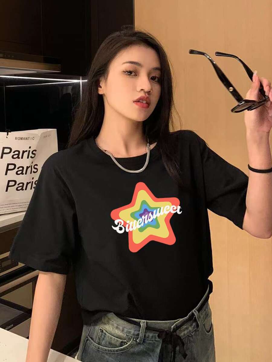 Letter & Star Pattern Tee - Black - View 1