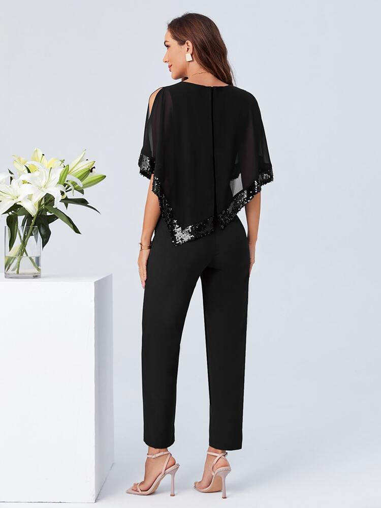 Contrast Sequin Split Side Cloak Sleeve Jumpsuit