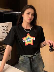Letter & Star Pattern Tee - Black - View 4