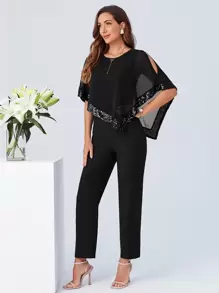 EMERY ROSE Contrast Sequin Split Side Cloak Sleeve Jumpsuit - Black - View 3