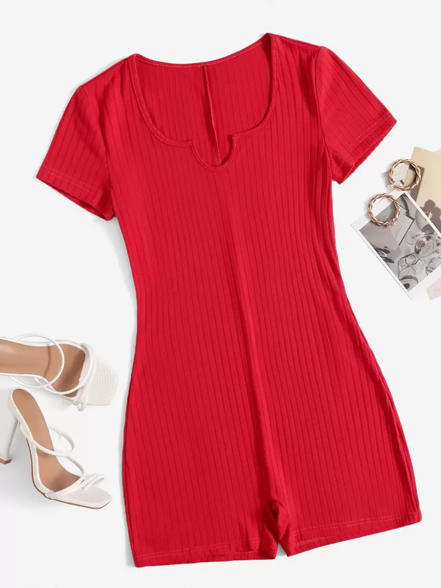 Comfortcana Casual Solid Color Short Sleeve Jumpsuit, Summer - Red - View 1