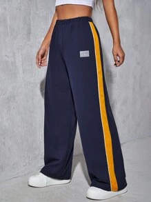 Muchica 字母貼布條紋圖案側闊腿褲 - 藏蓝色 - 查看 1