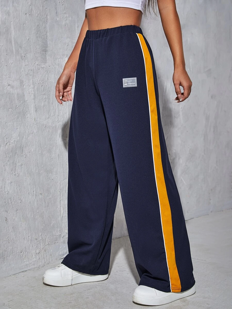 Muchica 字母貼布條紋圖案側闊腿褲 - 藏蓝色 - 查看 1