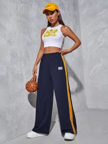 Muchica 字母貼布條紋圖案側闊腿褲 - 藏蓝色 - 查看 3