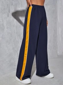 Muchica 字母貼布條紋圖案側闊腿褲 - 藏蓝色 - 查看 4