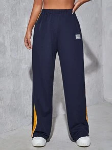 Muchica 字母貼布條紋圖案側闊腿褲 - 藏蓝色 - 查看 5