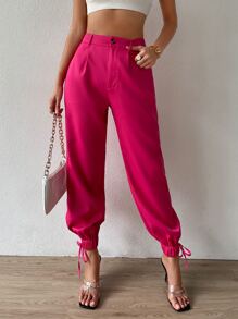 SHEIN Privé 高腰下擺打結錐形褲 - 玫紅色 - 查看 3