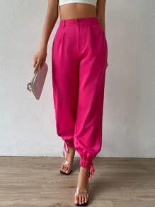 SHEIN Privé 高腰下擺打結錐形褲 - 玫紅色 - 查看 5