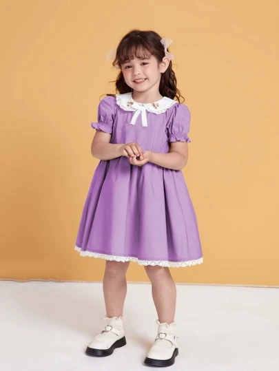小女童花卉刺繡彼得潘領泡泡袖連衣裙