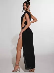 SHEIN BAE Cut Out One Shoulder Slit Thigh Dress - Black - View 2