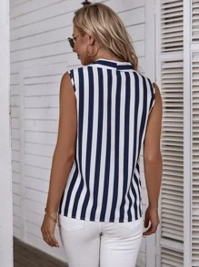 SHEIN LUNE 條紋印花無袖襯衫 - 藍白色 - 查看 2