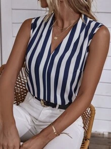 SHEIN LUNE 條紋印花無袖襯衫 - 藍白色 - 查看 3