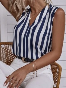 SHEIN LUNE 條紋印花無袖襯衫 - 藍白色 - 查看 7