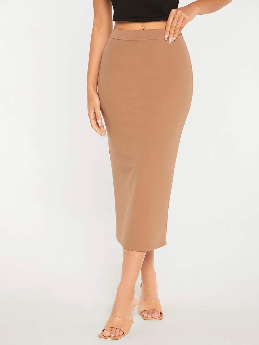 SHEIN BASICS Solid High Waist Pencil Skirt - Apricot - View 1