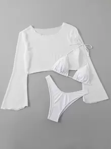 SHEIN Swim 3packs Solid Halter Triangle Bikini Set With Long Sleeve Top, For Summer Beach Vacation - White - View 3