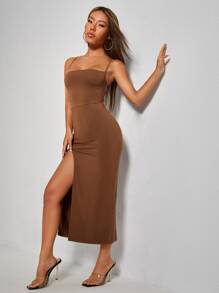 SHEIN PETITE 露背繫帶高衩吊帶連衣裙 - 咖啡棕 - 查看 3