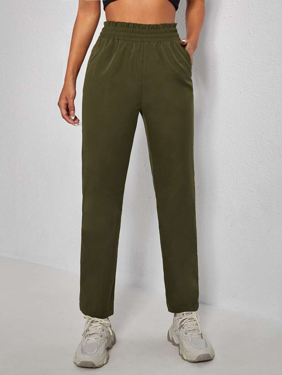 SHEIN PETITE Paperbag Waist Straight Leg Pants - Olive Green - View 1