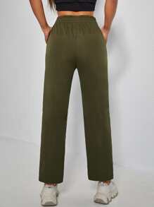 SHEIN PETITE Quần nữ Túi Quần paper-bag màu trơn Giải trí - Màu xanh Ô liu - Xem 2