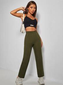 SHEIN PETITE Quần nữ Túi Quần paper-bag màu trơn Giải trí - Màu xanh Ô liu - Xem 3