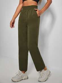 SHEIN PETITE Quần nữ Túi Quần paper-bag màu trơn Giải trí - Màu xanh Ô liu - Xem 4