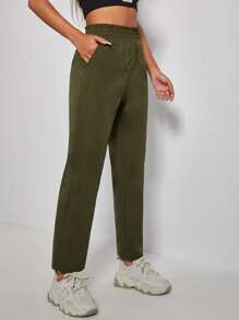 SHEIN PETITE Quần nữ Túi Quần paper-bag màu trơn Giải trí - Màu xanh Ô liu - Xem 5