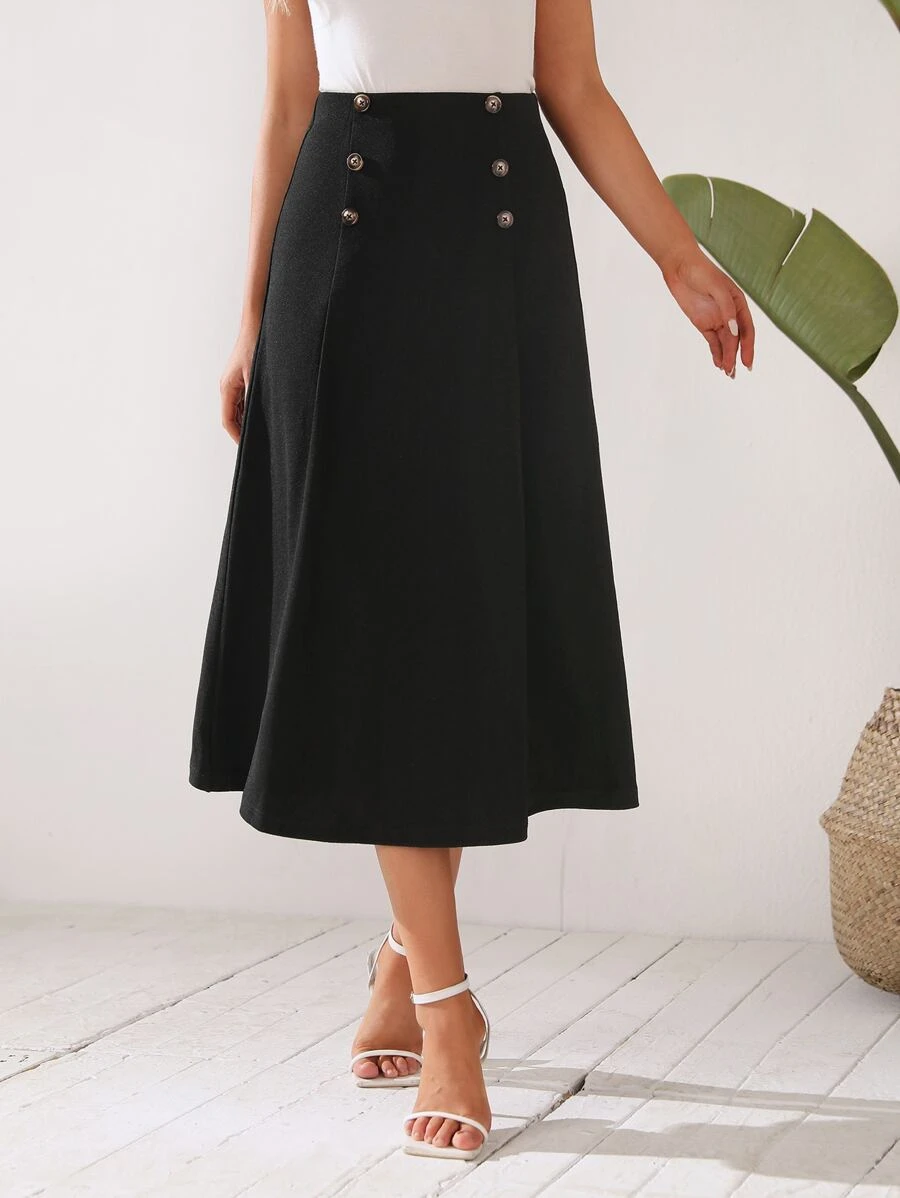 EMERY ROSE High Waist Fake Button Skirt - Black - View 1