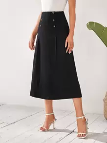 EMERY ROSE High Waist Fake Button Skirt - Black - View 4