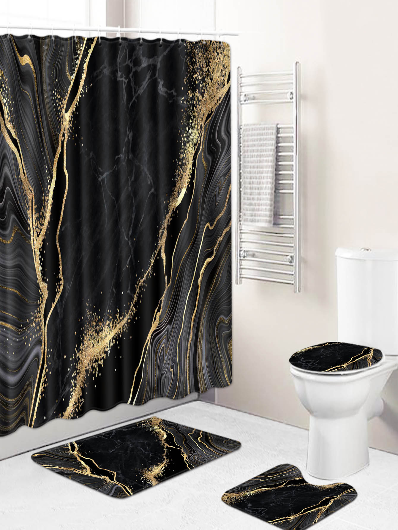 1 pieza Alfombra de baño con estampado de mármol o 1 pieza cortina de ducha - Multicolor - Ver 1