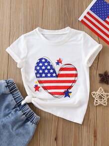 SHEIN Toddler Girls American Flag & Heart Print Tee - White - View 1