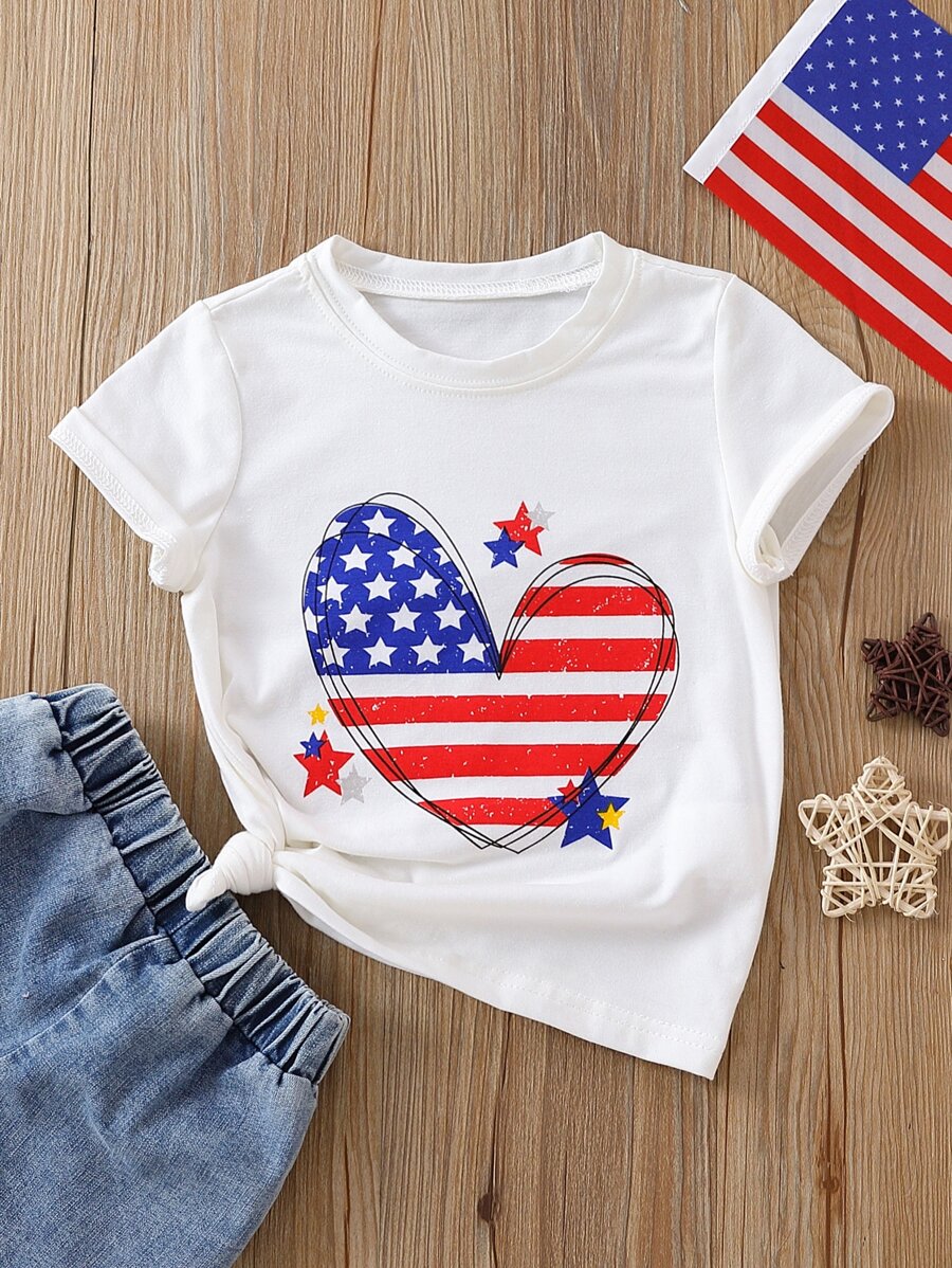 SHEIN Toddler Girls American Flag & Heart Print Tee - White - View 1