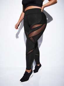 Leggings deportivos de malla en contraste - Negro - Ver 1