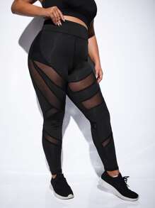 Leggings deportivos de malla en contraste - Negro - Ver 3