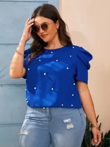 SHEIN LUNE Plus Pearls Beaded Puff Sleeve Blouse - Royal Blue - View 4