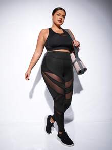 Leggings deportivos de malla en contraste - Negro - Ver 5