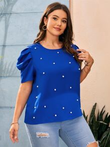 SHEIN LUNE Plus Pearls Beaded Puff Sleeve Blouse - Royal Blue - View 5