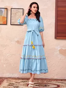 SHEIN Floral Embroidery Frill Trim Dress - Baby Blue - View 1