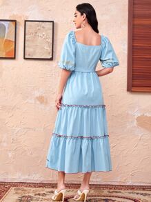 SHEIN Floral Embroidery Frill Trim Dress - Baby Blue - View 2